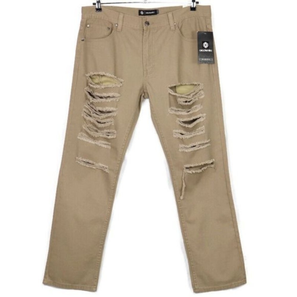 Akademiks Straight Jeans Khaki Tan Brown Destroyed Ripped 36 X 32